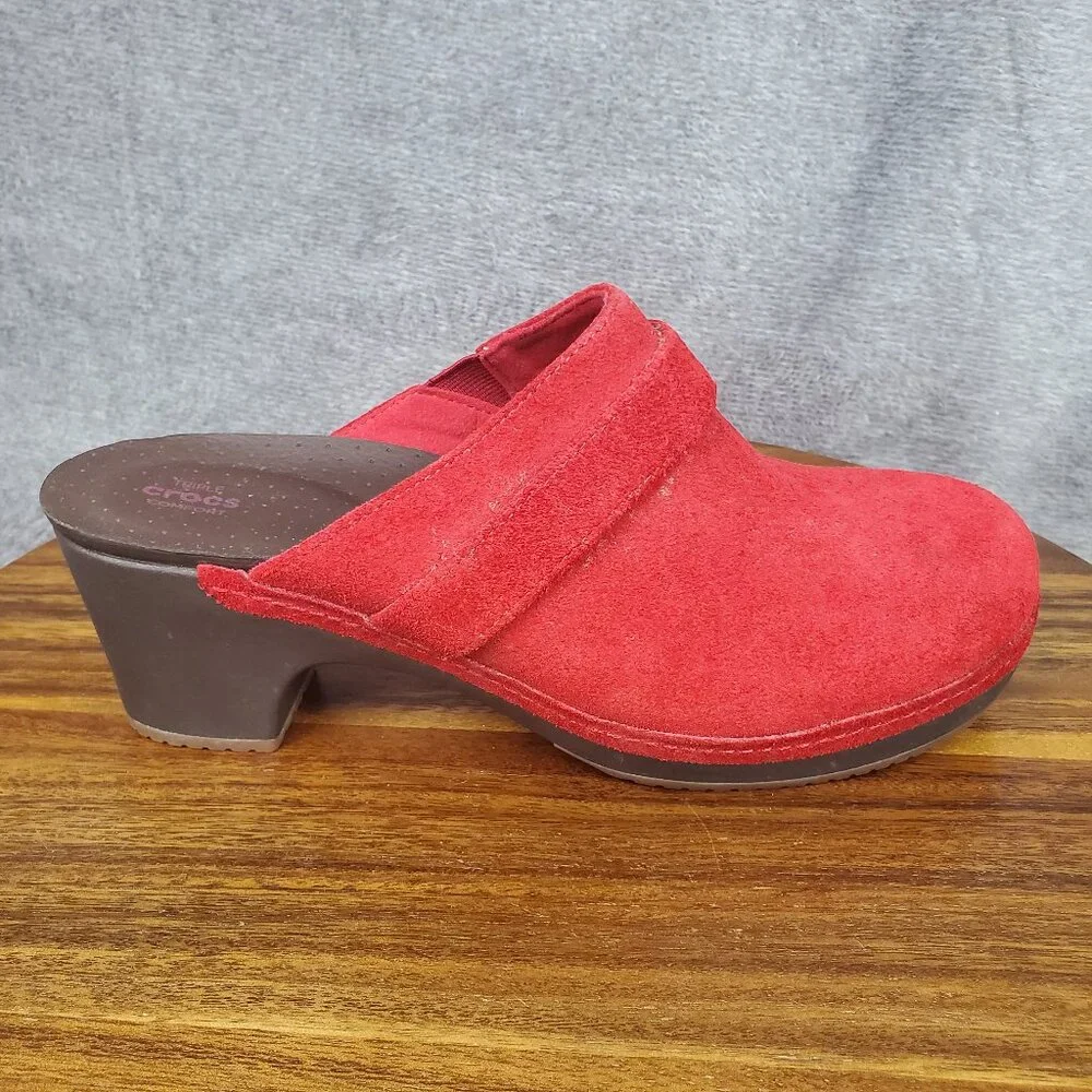 Crocs Clogs Women's 8 Red Suede Leather Sarah Slip On Heeled Comfort Shoes Mules